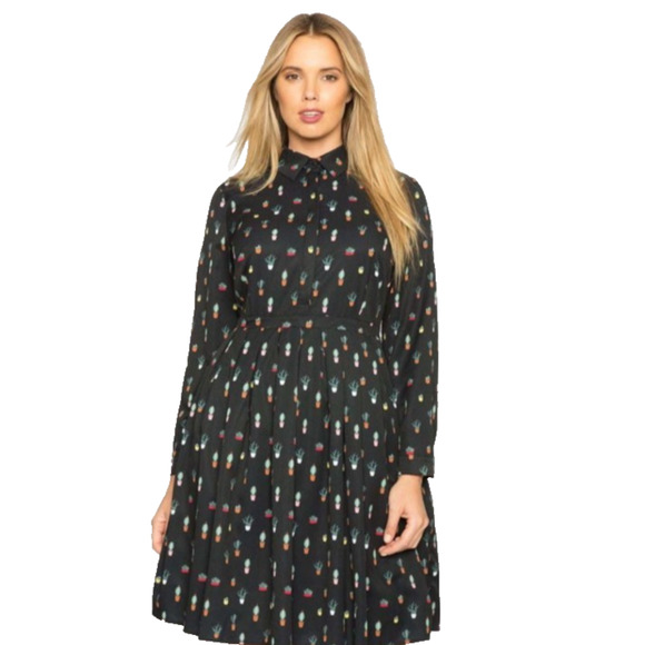 Eloquii Womens Black Cactus Succulent AOP Whimsical Twee Pleated Shirt Dress 22 - Picture 1 of 12